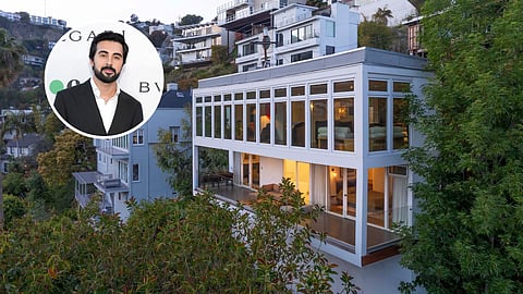 Photo of Ash Nouri and exterior of his mid-century modern residence in the Hollywood Hills