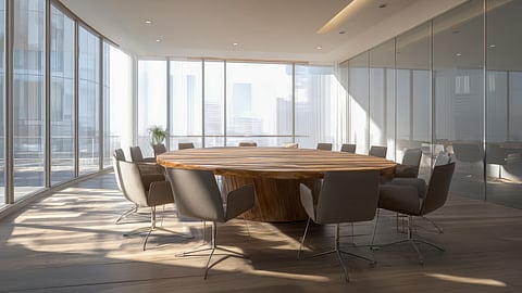 Sunlit executive boardroom with a large round table designed for private, peer-level discussions