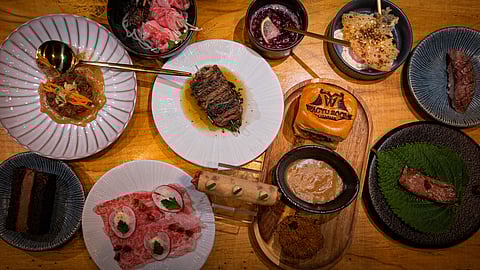 An overhead view of Wagyu Room’s 10-course Wagyu omakase served at Hotel 32|32 in NoMad