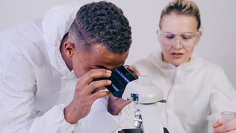 Scientist reviewing peptide data and lab reports at a research workstation