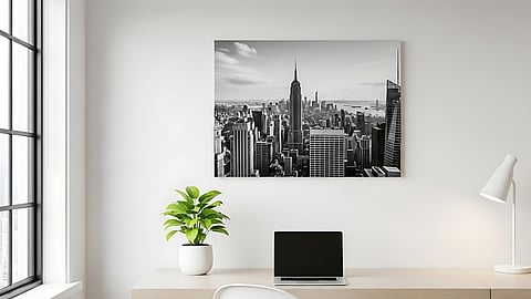 Minimalist desk setup with laptop, plant, and black-and-white NYC skyline wall art