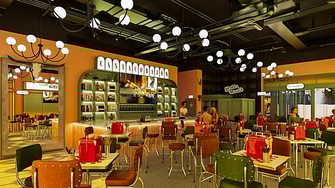 Canta Corazón bar with green shelving, chandeliers, and colorful tables in Wynwood