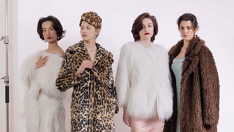 Models in faux fur coats and silk dresses from Alabama Muse Bellissima FW 26/27