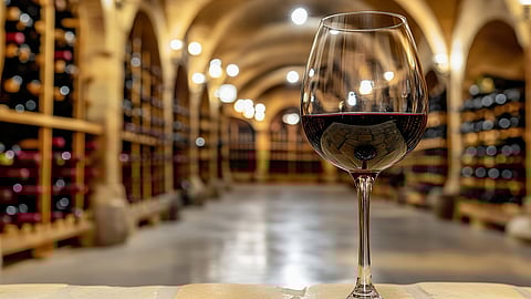 A glass of red wine resting in a vaulted stone cellar.