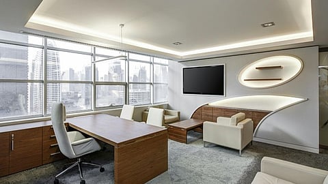 Contemporary luxury office with premium furnishings and dedicated workspaces