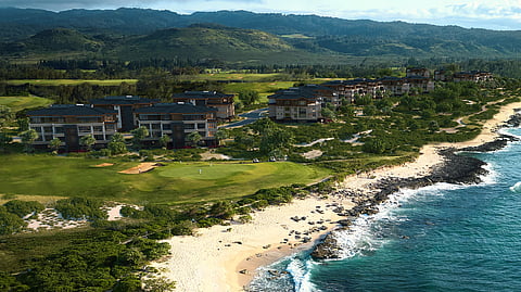 Aerial view of oceanfront residences and golf course at The North Shore Club, Oahu
