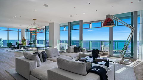 Open-concept living room in Residence #1501 at The Miami Beach EDITION