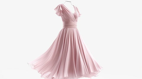 Soft pink wrap-style dress with pleats and flutter sleeves on a mannequin