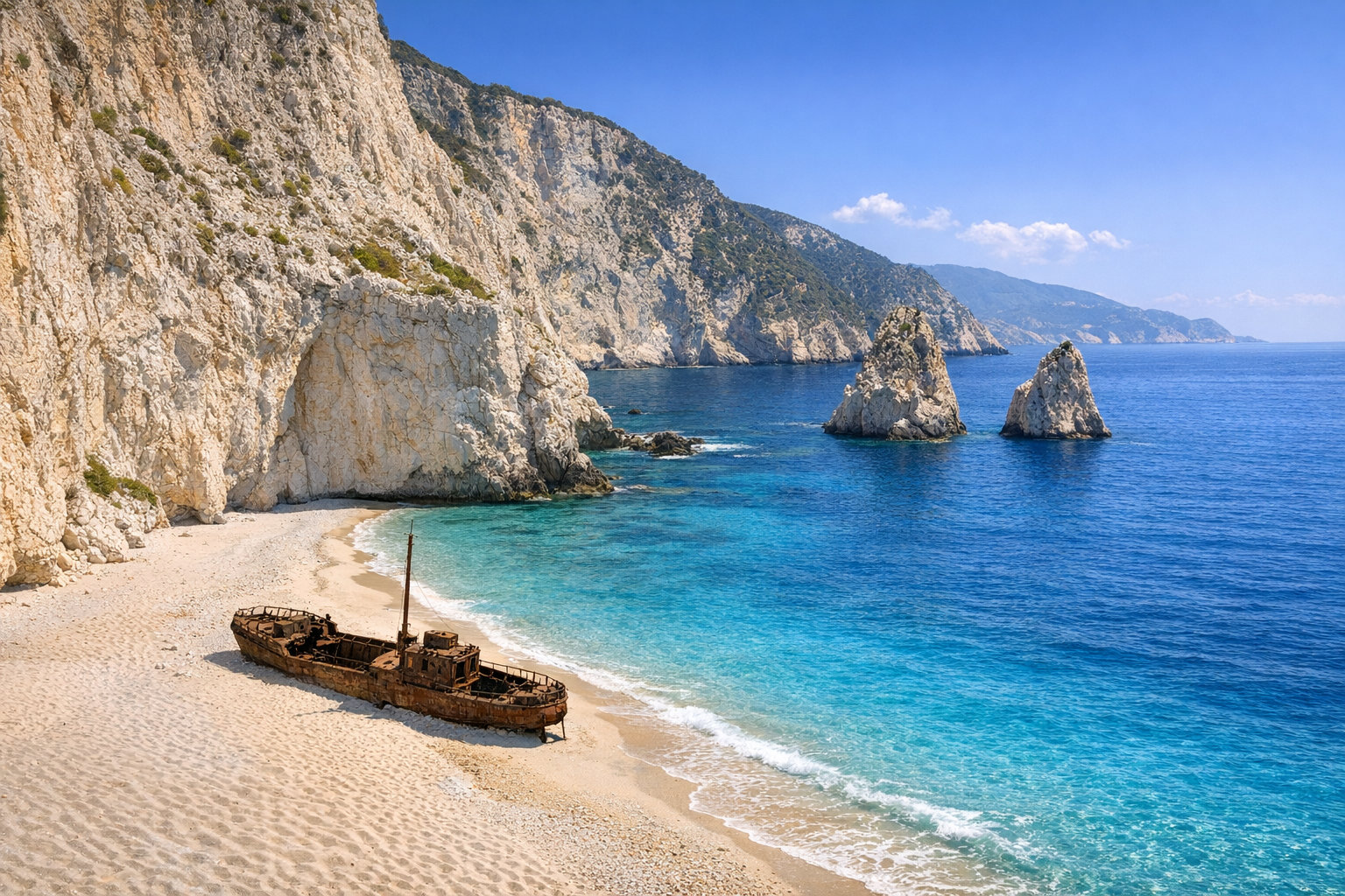 Aerial view of Navagio Beach in Zakynthos with a rusted shipwreck beside Ionian Sea waters