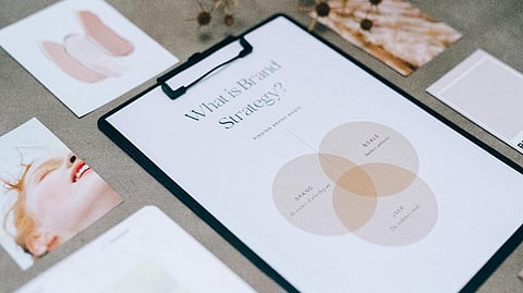 Clipboard showing brand strategy diagram surrounded by creative branding materials and mood boards
