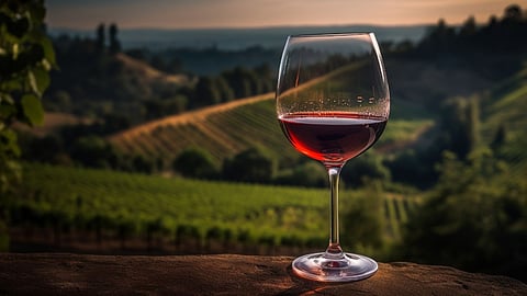 Glass of red wine overlooking vineyard landscape at sunset