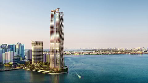 Aerial view of Mandarin Oriental Miami towers on Brickell Key overlooking Biscayne Bay