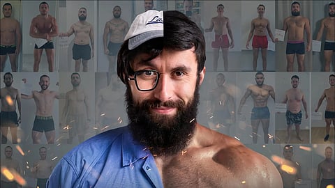 Before and after fitness transformation showing weight loss and muscle gain progress