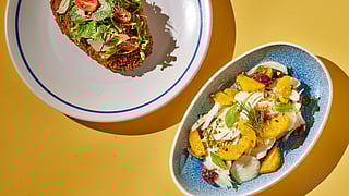 Colorful salads and crispy entrée plated on a bright yellow backdrop at Barlume