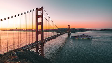 Sailing beneath the Golden Gate Bridge on ULYSSIA 