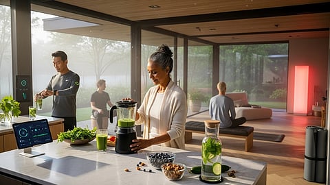 Woman preparing a green smoothie in a smart kitchen while others exercise and meditate
