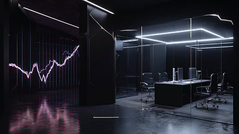 Futuristic office with glass meeting room and glowing data graph on wall