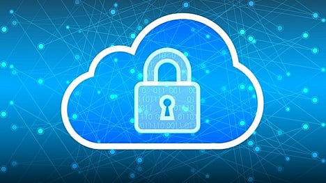Cloud icon with lock symbol representing secure cloud storage and cybersecurity protection