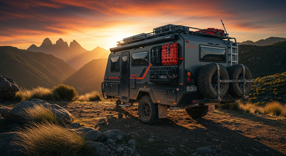 Off-road adventure vehicle parked on mountain trail at sunset with scenic peaks