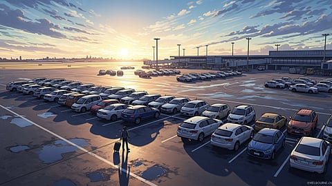 Airport parking lot filled with rows of cars at sunset with terminal in background