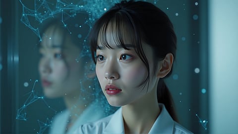 Close-up portrait of a woman with abstract digital graphics beside her face