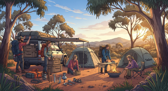 Campers gathered around tents and gear with vehicle in outdoor setting