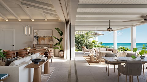 Open-plan marina villa interior with ocean-view terrace and coastal furnishings