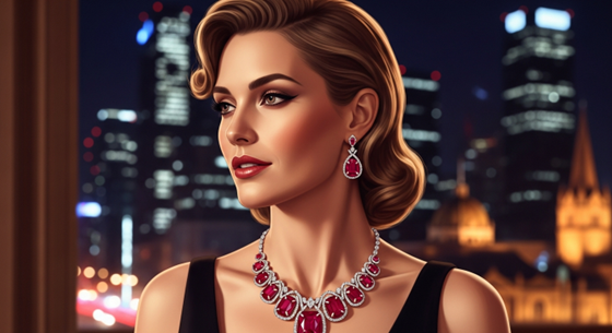 Woman wearing ruby necklace and earrings with city skyline at night
