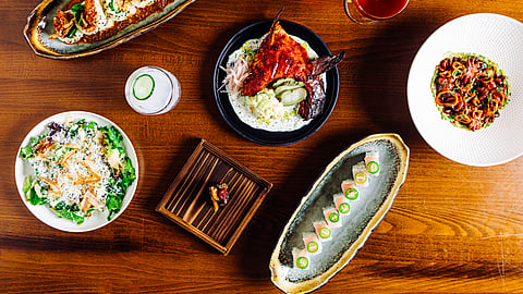 Assorted dishes from Yoshitomo arranged on wooden table