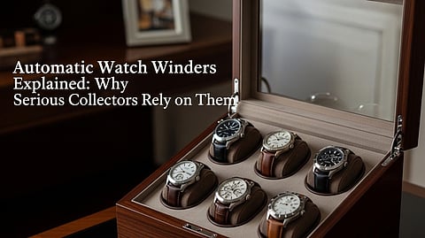 Luxury watch winder box displaying multiple automatic watches inside