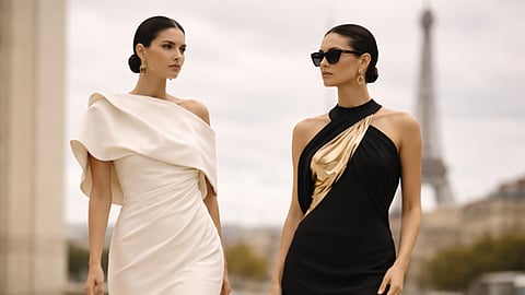 Two women in elegant designer dresses walking outdoors with city architecture in the background