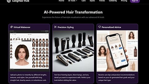 Website interface showing AI hair transformation tools with virtual makeover and styling options