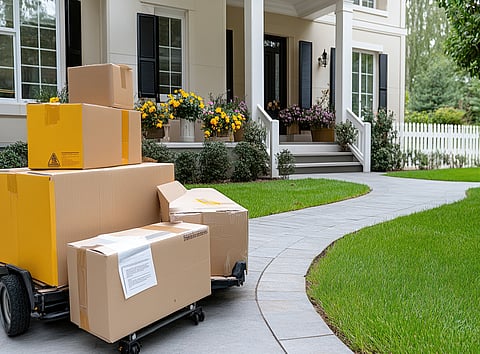 Moving boxes stacked outside a suburban home before a move with professional moving services