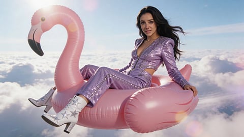 Tilly Norwood rides a pink flamingo above the clouds in ‘Take the Lead’
