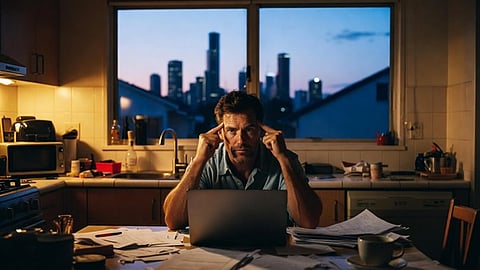 Man sitting at kitchen table working on laptop with papers at night looking stressed