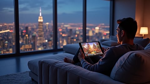 Man relaxing on couch using tablet with city skyline view at night
