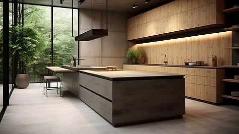 Contemporary kitchen with wood cabinetry, island, and large windows overlooking greenery