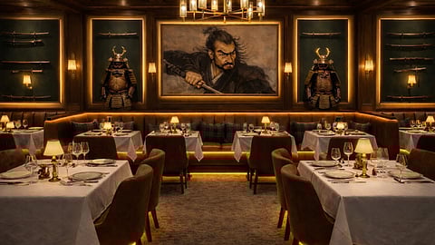 Dining room with samurai armor, artwork, and leather banquettes in a Japanese-inspired steakhouse