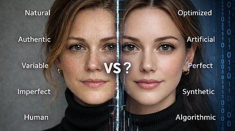 Split image comparing natural and AI generated female faces