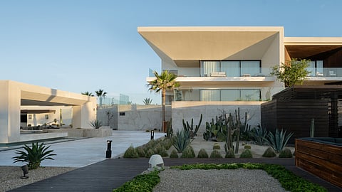Modern Nobu Hotel Los Cabos exterior with clean lines and desert landscaping at sunset