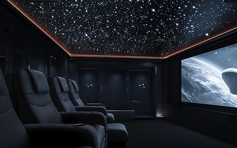 Luxury home theater with dark walls, cinema recliners, and fiber optic star ceiling
