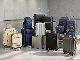 Luxury suitcases and travel bags from Rimowa, Tumi, and Bric’s arranged in a modern studio.