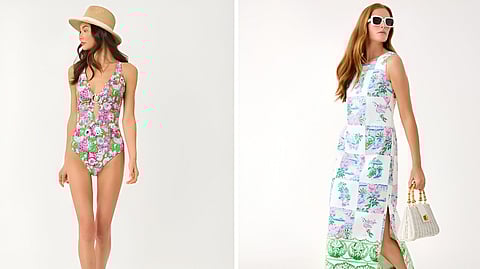 Two models wearing colorful printed swimsuit, midi dress, and tennis dress