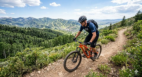 full-suspension mountain bike being ridden on a trail