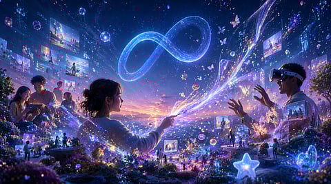 Futuristic scene of people interacting with AI streams and virtual content