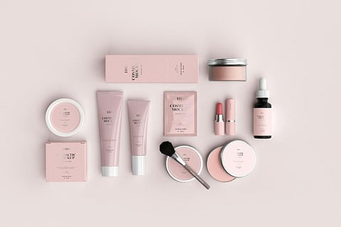 A collection of pink-themed cosmetic packaging mockups
