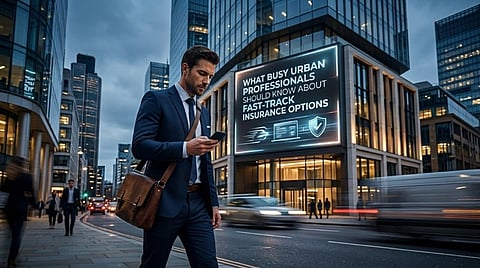 A large digital billboard advertisement featuring text aimed at busy professionals