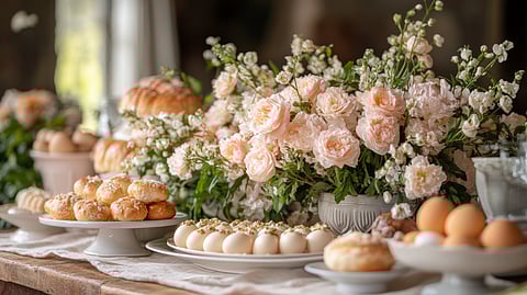 Spring flowers and pastries at a Dallas Mother’s Day brunch table