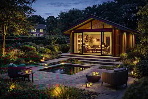 A modern modular garden room designed as a tranquil outdoor living space