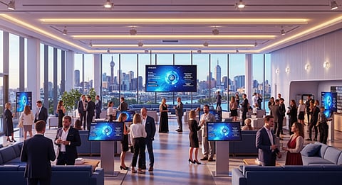 A corporate networking event or product launch held in a modern conference room